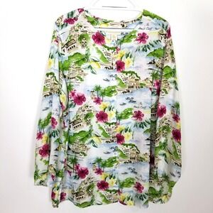 Cynthia Rowley 2X Linen Amalfi French Coast Print Button‎ Tunic Top Summer Vaca